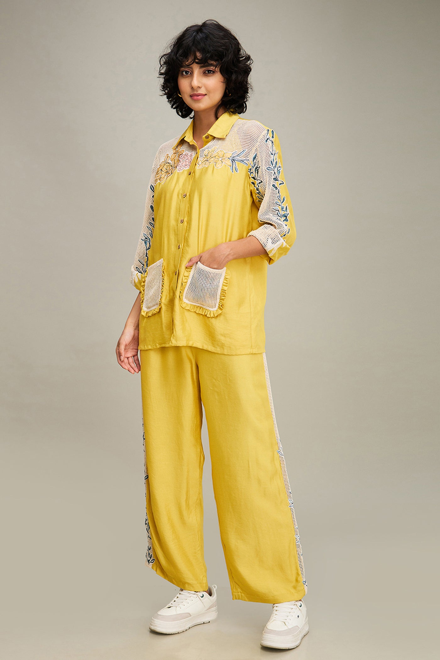 Sougat Paul Zinnia Applique Co-ord Set Yellow indian designer wear online shopping melange singapore