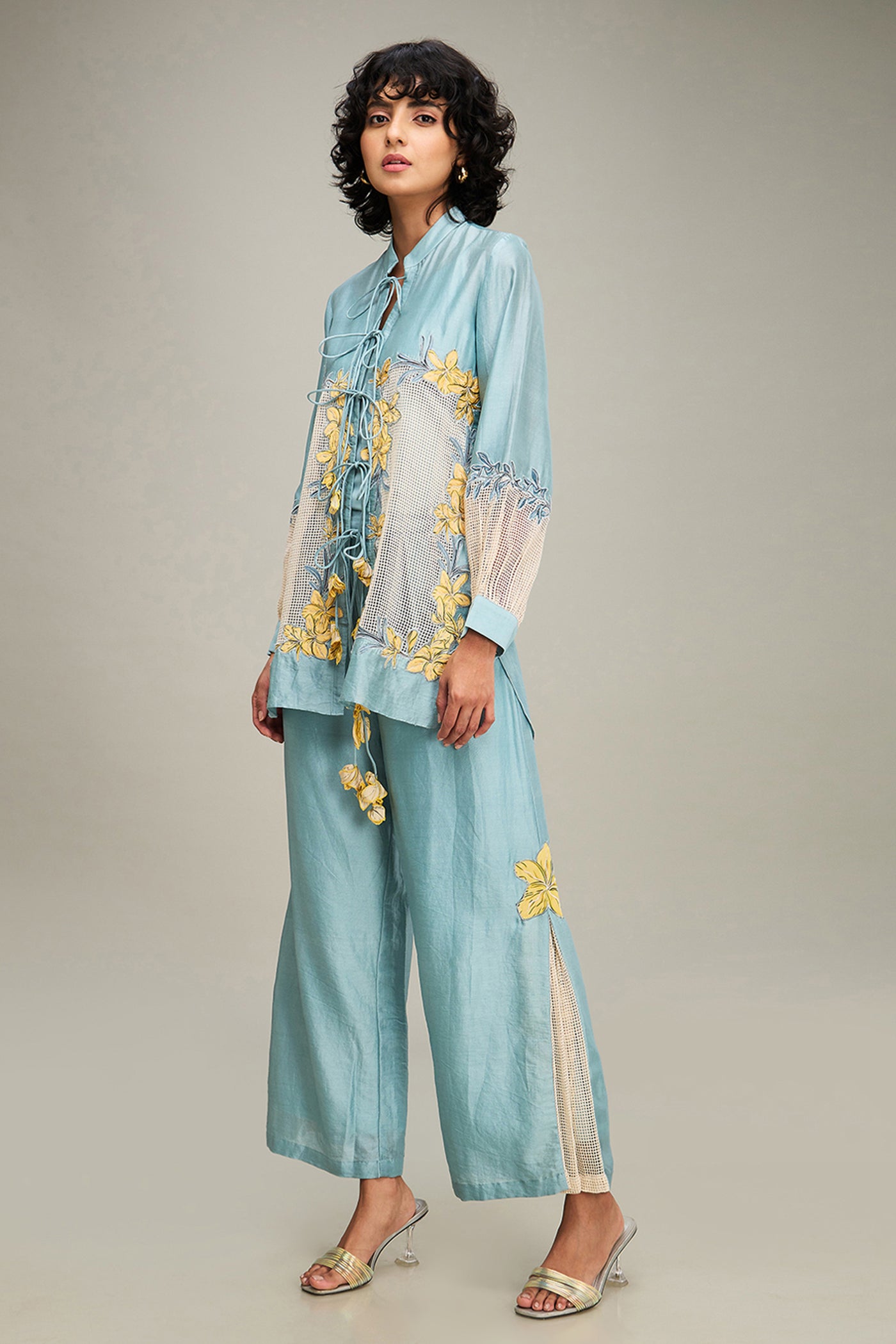 Sougat Paul Zinnia Applique Co-ord Set Blue indian designer wear online shopping melange singapore