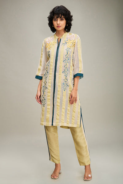 Sougat Paul Zinnia Applique Kurta Set Off white Yellow indian designer wear online shopping melange singapore