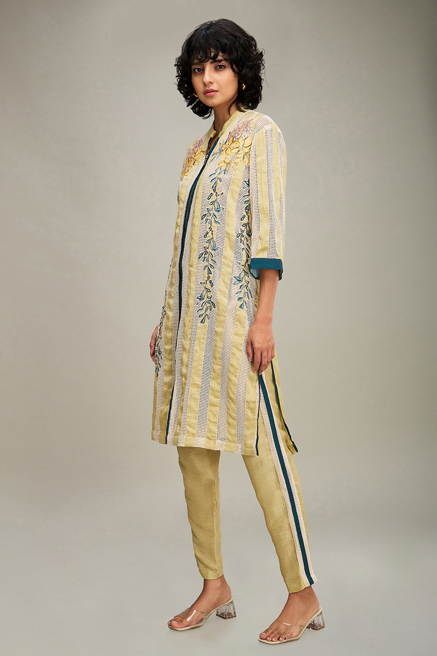 Sougat Paul Zinnia Applique Kurta Set Off white Yellow indian designer wear online shopping melange singapore