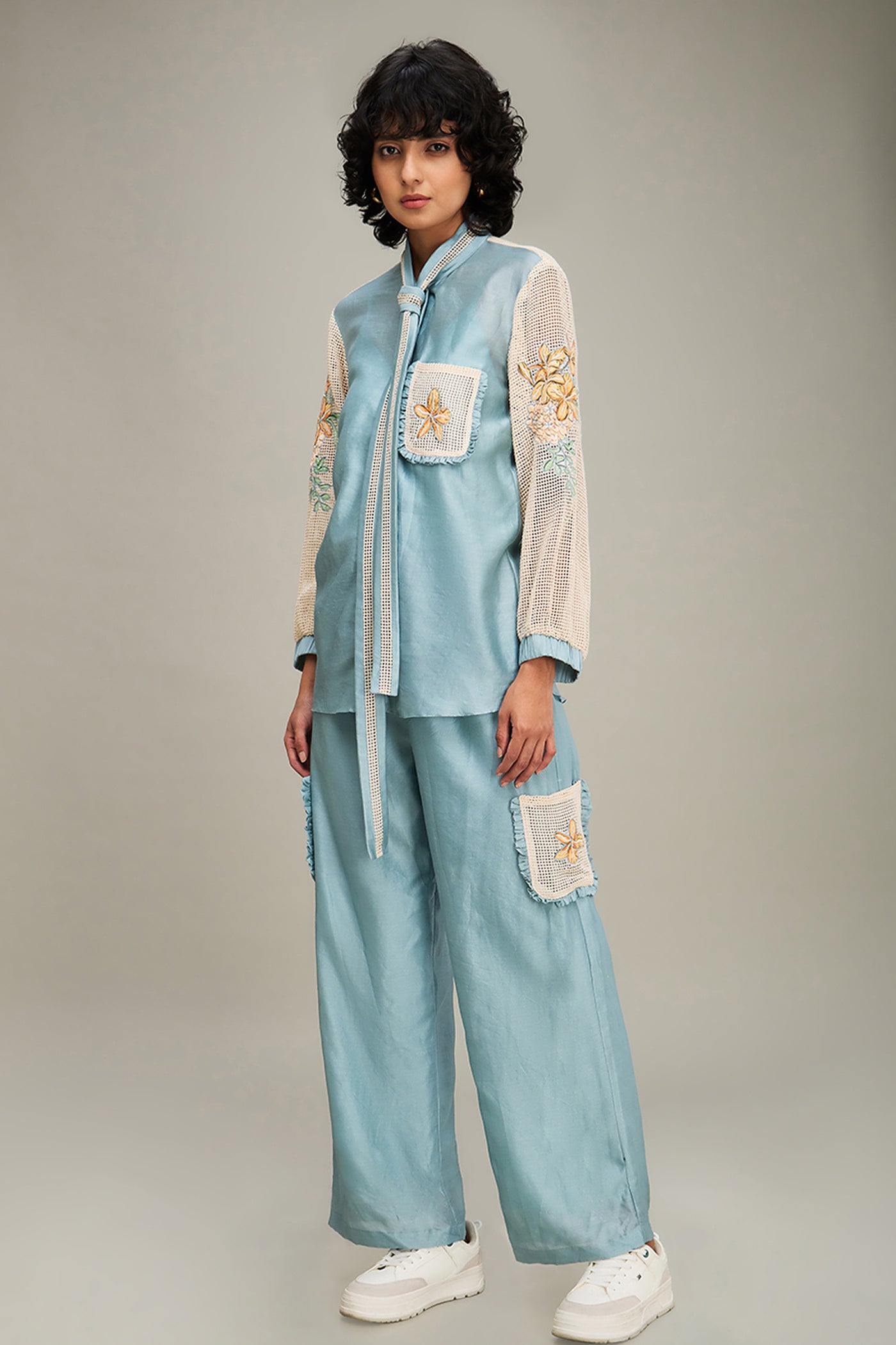 Sougat Paul Zinnia Applique Co Ord Set Blue indian designer wear online shopping melange singapore