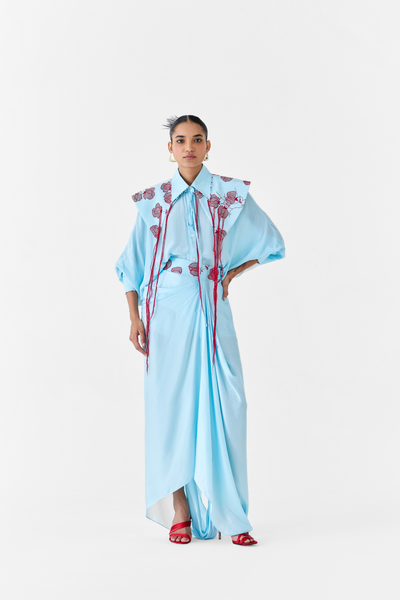 Baby Tulip Batwing Shirt & Skirt Co-Ord Melange Singapore Online Shopping Indian Designer Wear Studio Rigu Sky Blue