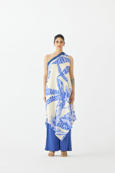 Studio Rigu Blue Aphrodite One Shoulder Kurta And Flared Pants Co-ord indian designer wear online shopping melange singapore