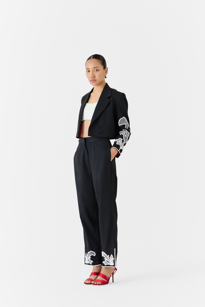 Moonstone Crop Blazer & Trousers Co-Ord Black Melange Singapore Online Shopping Indian Designer Wear Studio Rigu