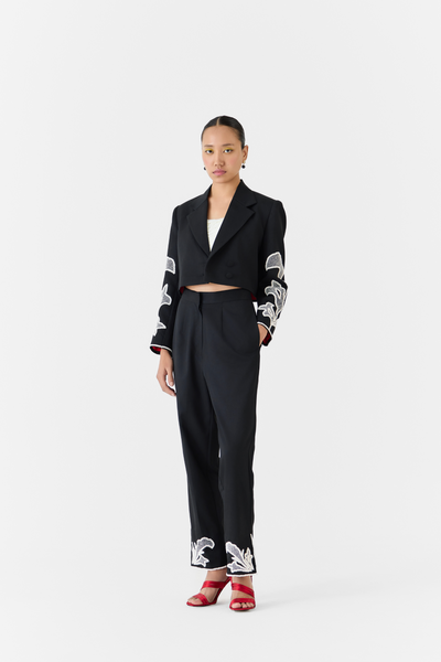 Moonstone Crop Blazer & Trousers Co-Ord Black Melange Singapore Online Shopping Indian Designer Wear Studio Rigu