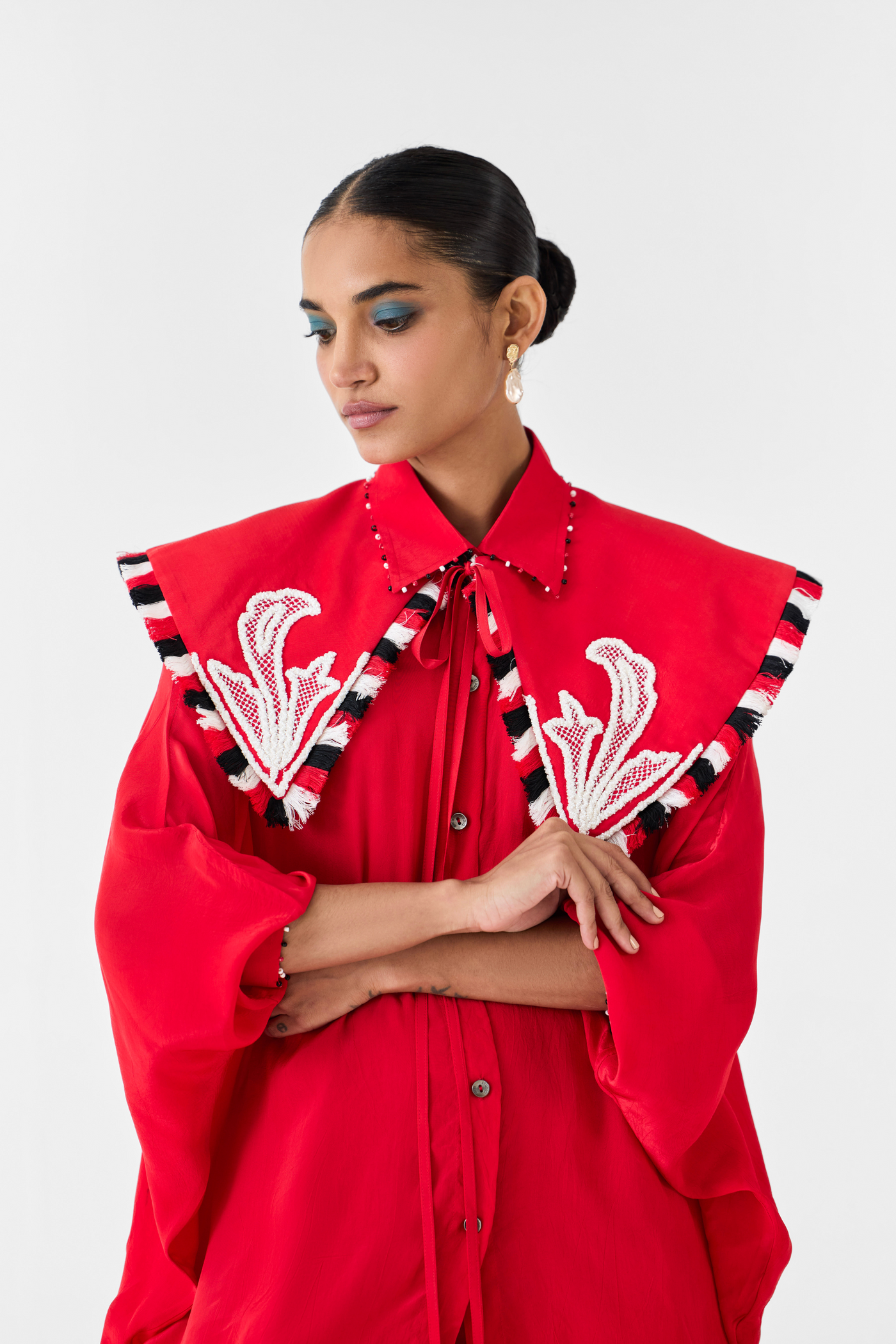 Ruby Batwing Shirt with Collar Melange Singapore Online Shopping Indian Designer Wear Red Studio Rigu