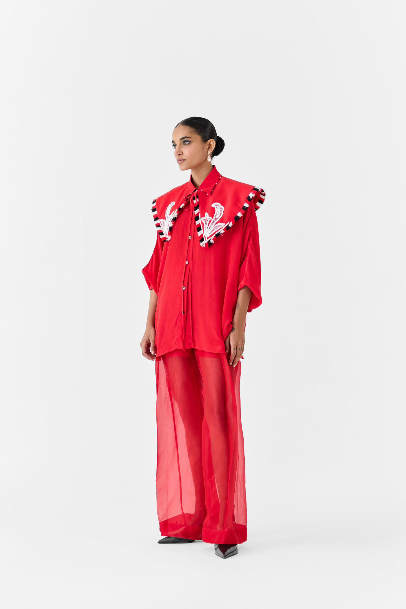 Ruby Batwing Shirt with Collar Melange Singapore Online Shopping Indian Designer Wear Red Studio Rigu