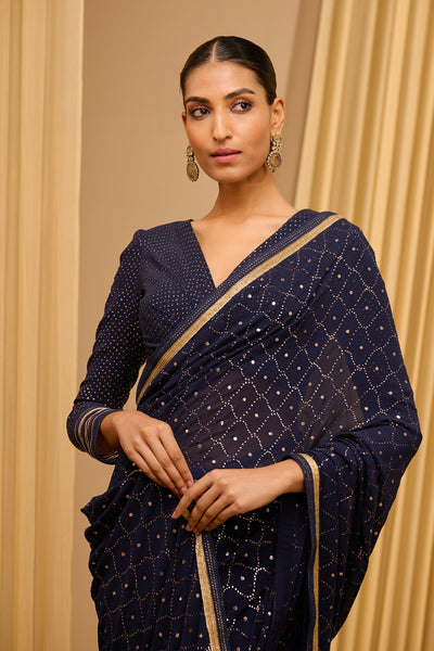 Tarun Tahiliani Classic Mukaish Saree Mid Night Blue indian designer wear online shopping melange singapore