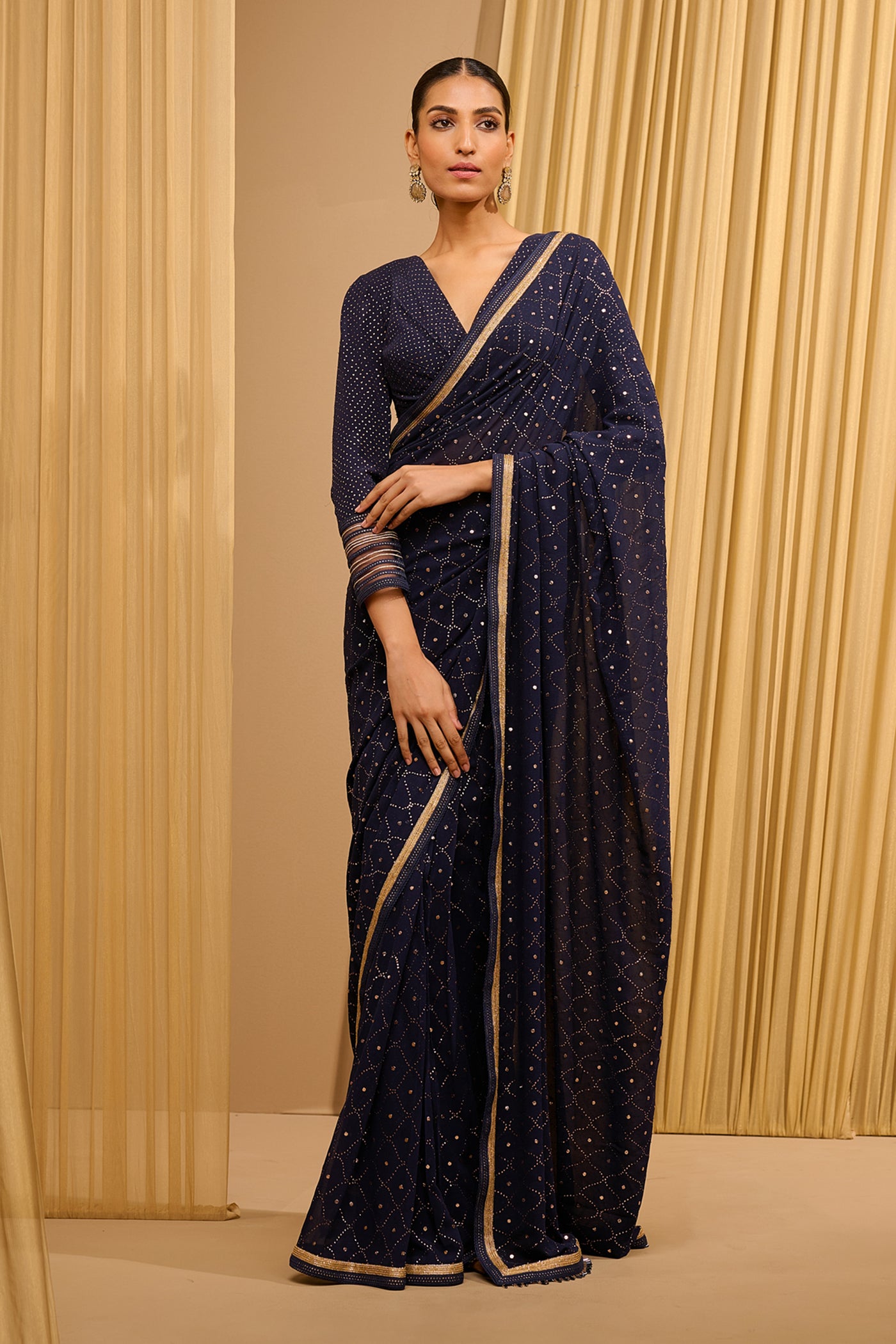 Tarun Tahiliani Classic Mukaish Saree Mid Night Blue indian designer wear online shopping melange singapore