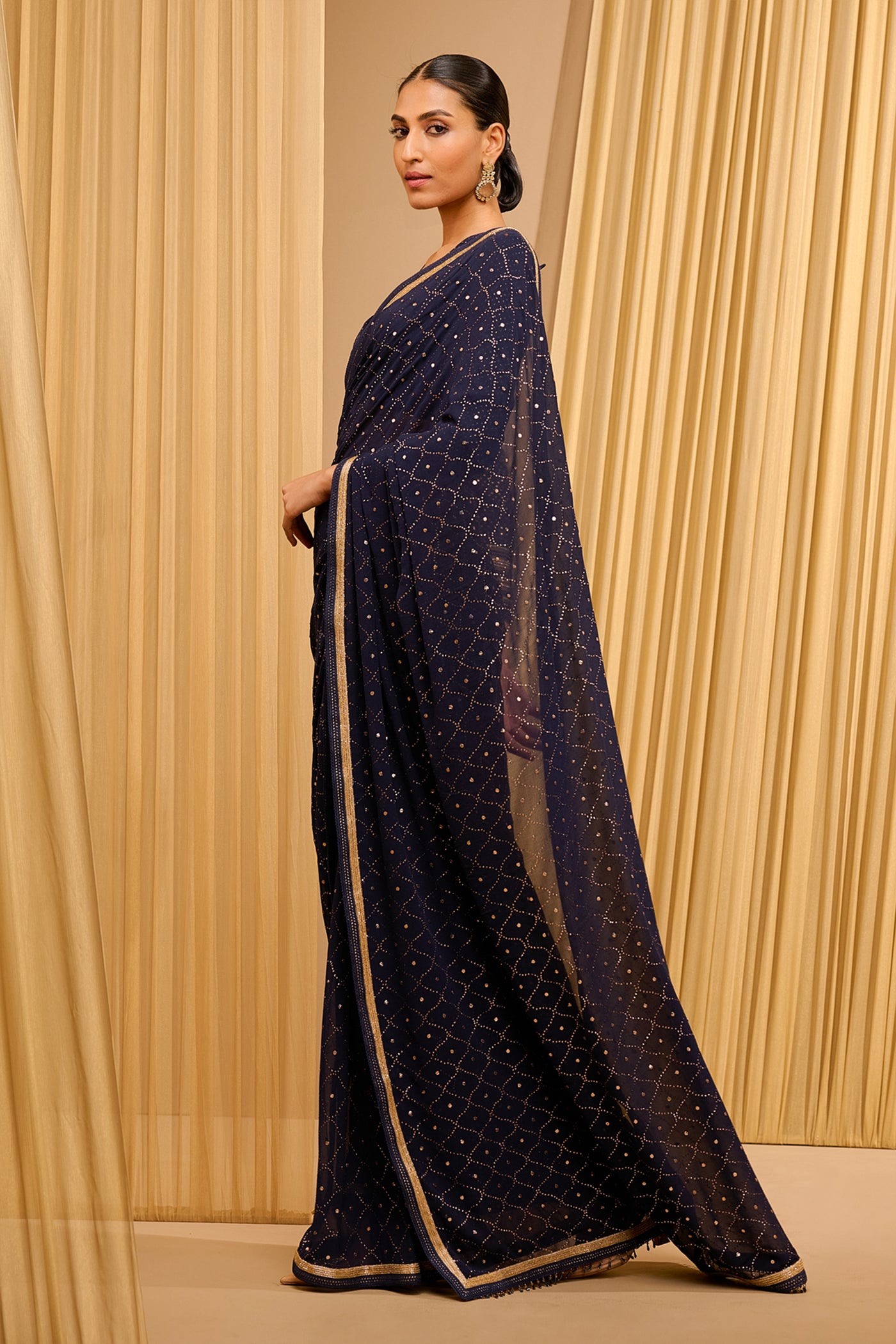 Tarun Tahiliani Classic Mukaish Saree Mid Night Blue indian designer wear online shopping melange singapore