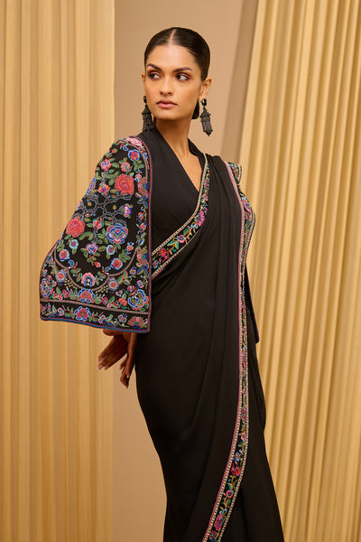 Tarun Tahiliani Classic Saree With Embroidered Cape Blouse Black Multi indian designer wear online shopping melange singapore