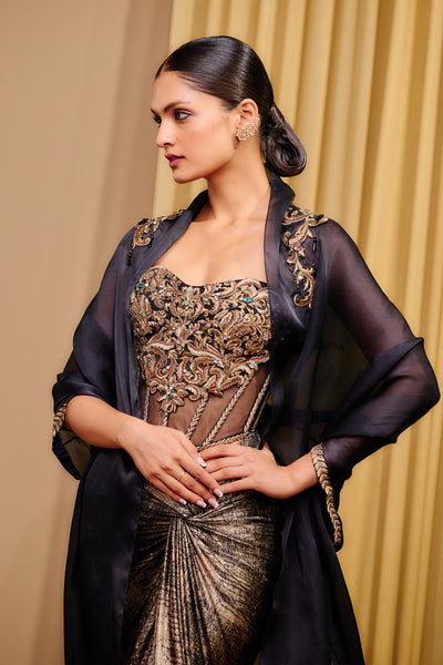 Tarun Tahiliani Corset Drape And Cape Co-ord Set indian designer wear online shopping melange singapore
