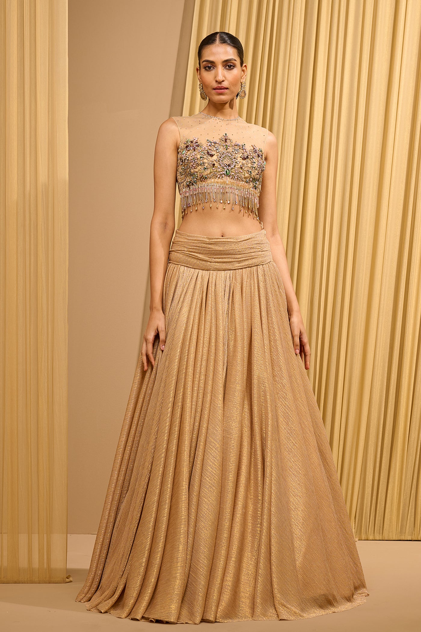 Tarun Tahiliani Crinkle Lehenga With Crystal Embellished Blouse indian designer wear online shopping melange singapore