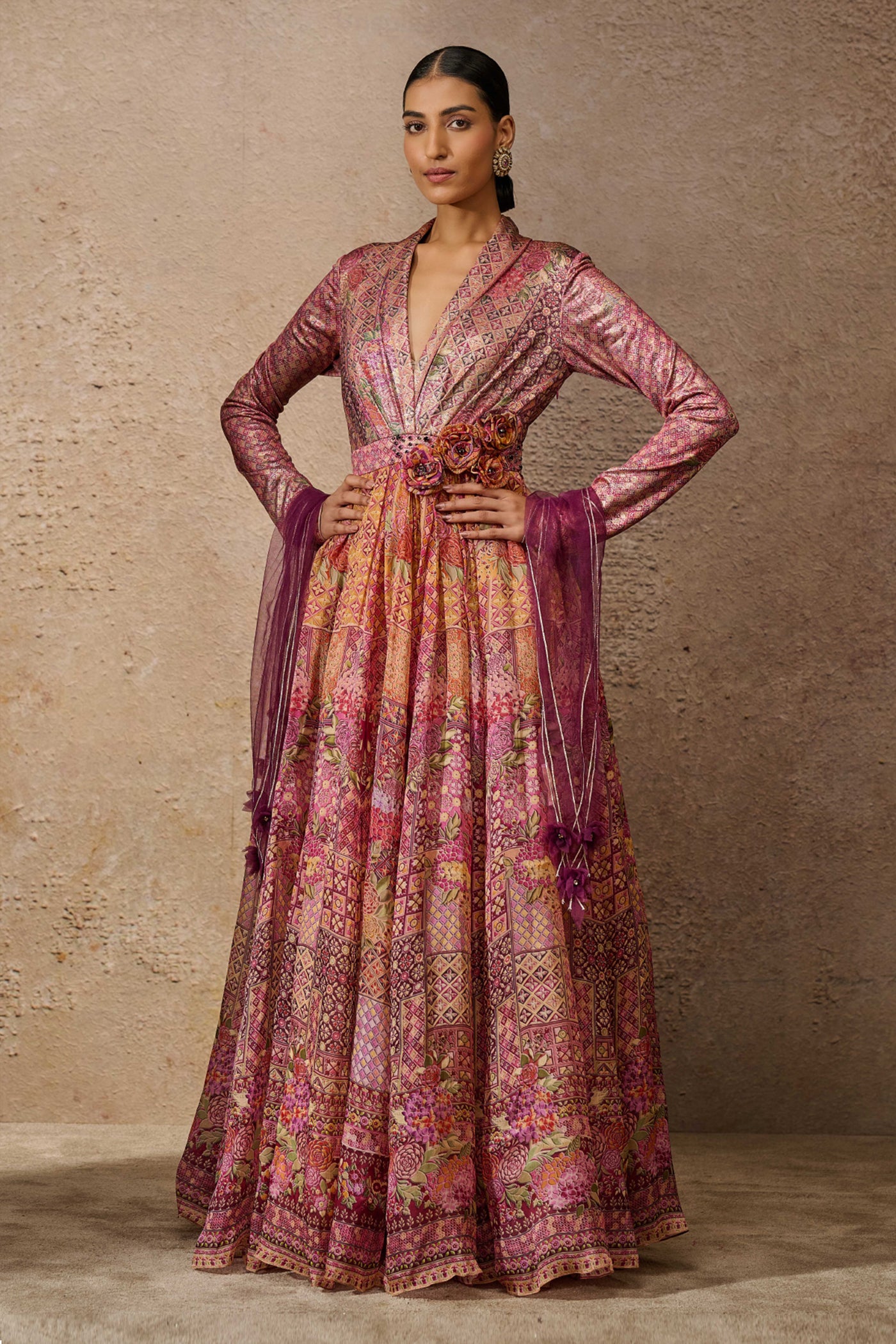 Tarun Tahiliani Foil Jersey Printed Anarkali indian designer wear online shopping melange singapore