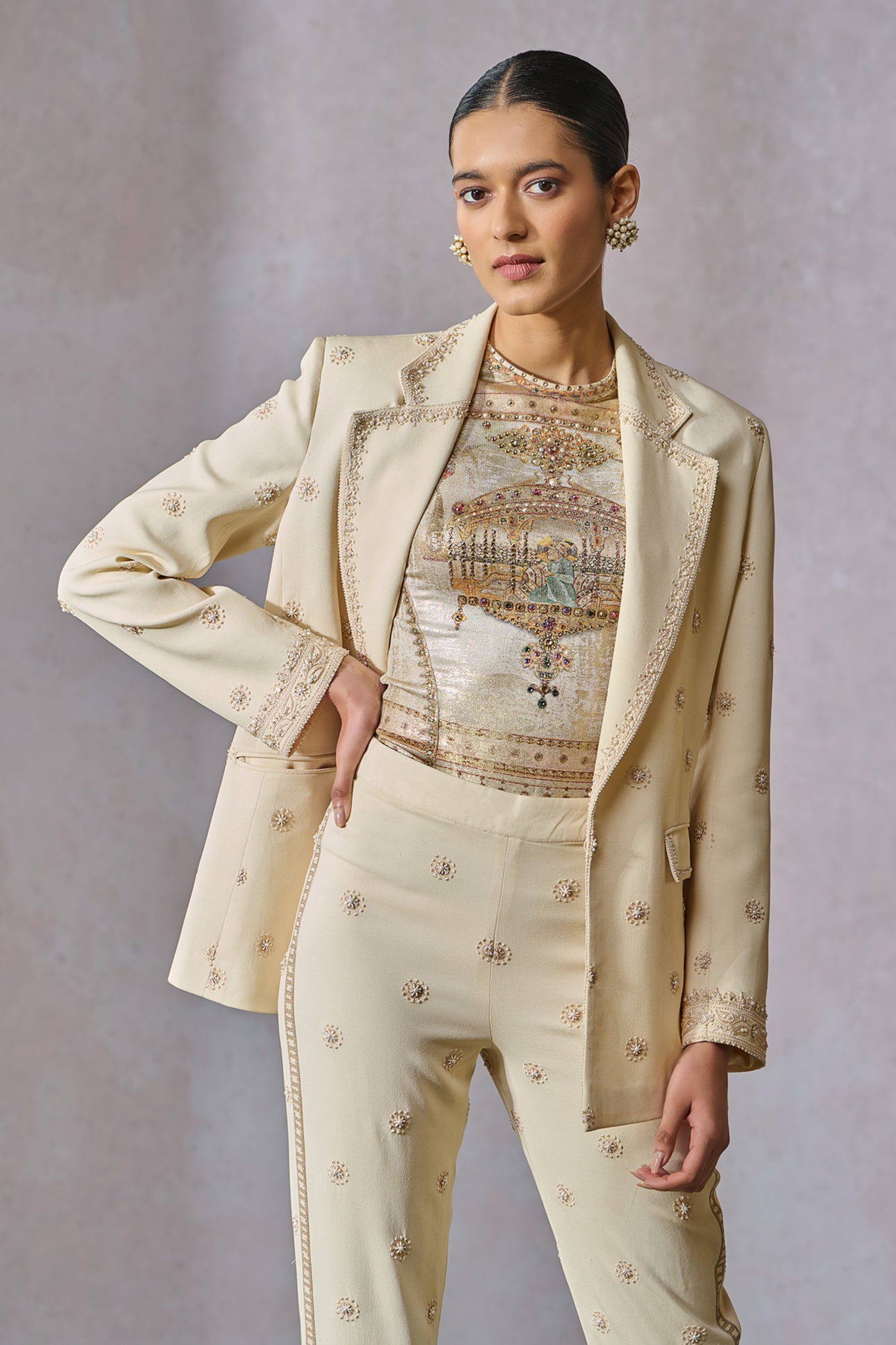 Tarun Tahiliani Jacket Trouser Ecru indian designer wear online shopping melange singapore