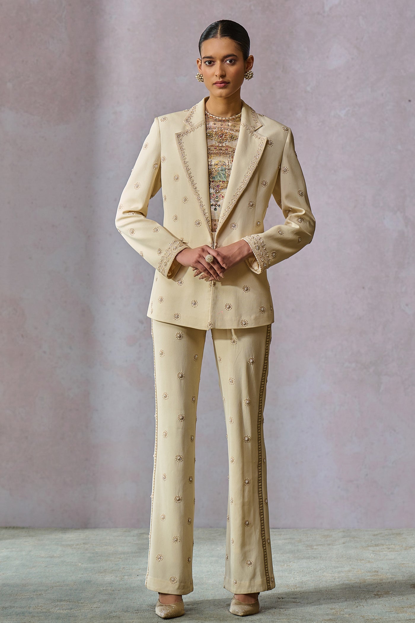 Tarun Tahiliani Jacket Trouser Ecru indian designer wear online shopping melange singapore