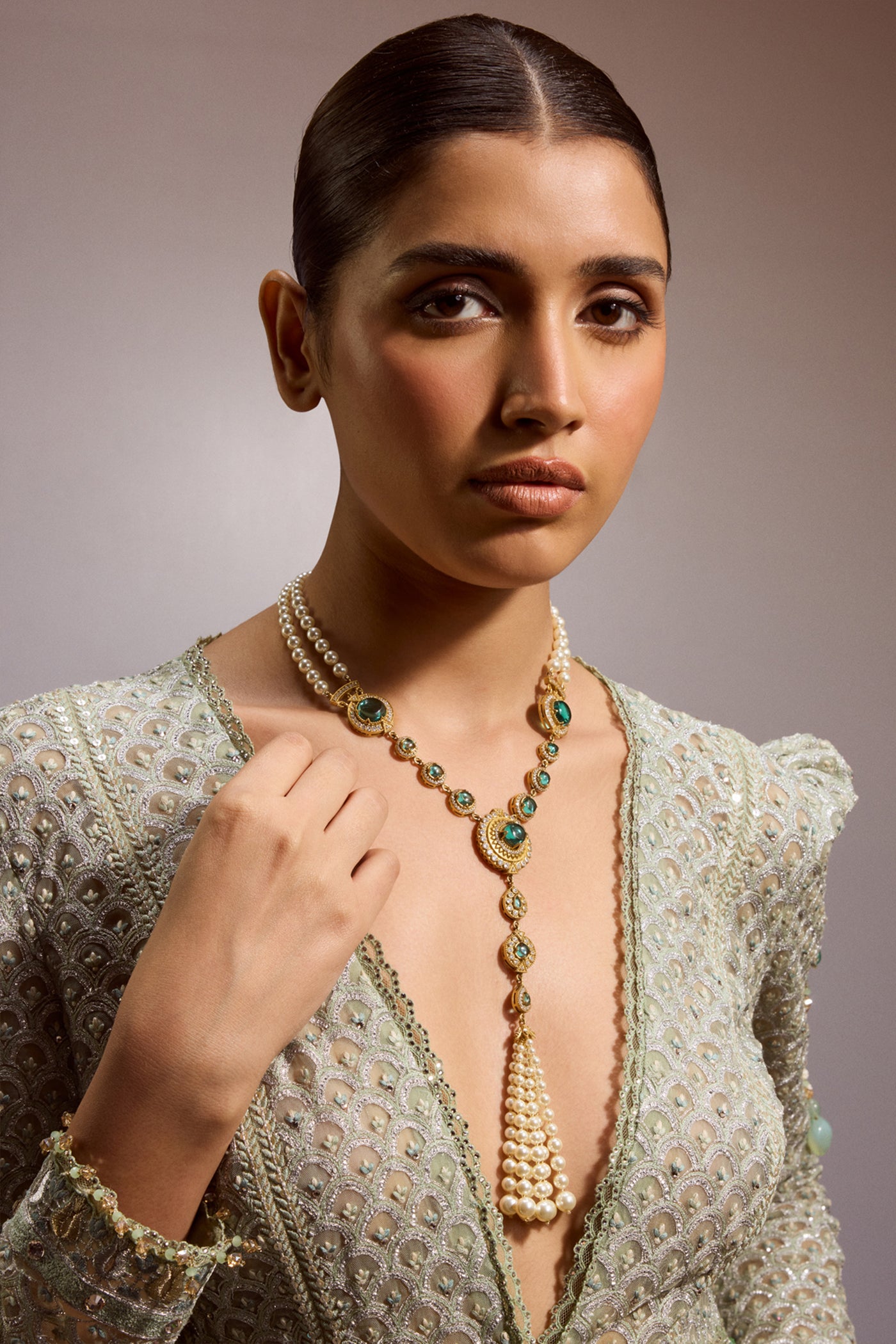 Tarun Tahiliani Jewellery Emerald Silver Long Necklace indian designer wear online shopping melange singapore