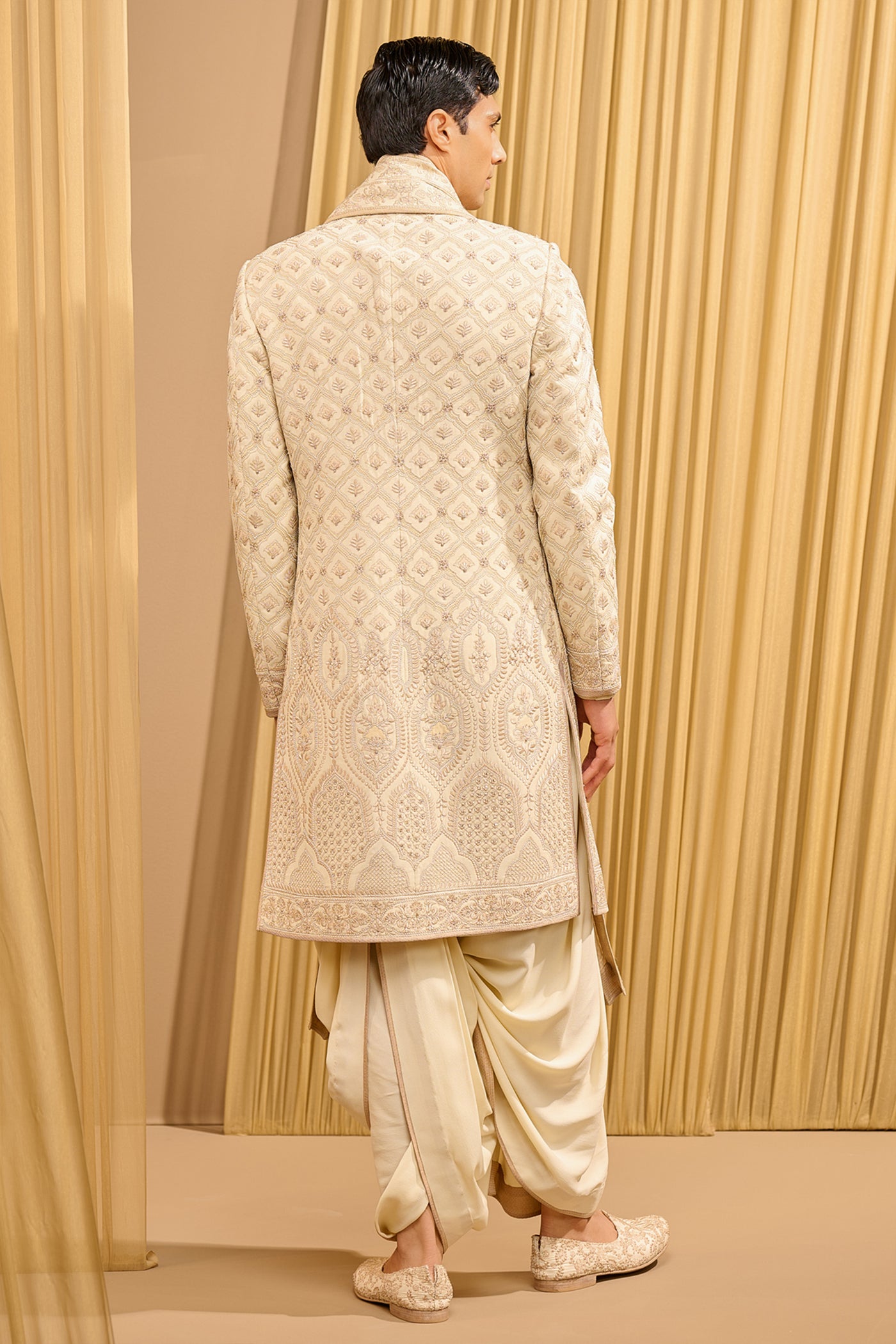 Tarun Tahiliani Menswear Chikankari Sherwani Set Ivory Multi indian designer wear online shopping melange singapore
