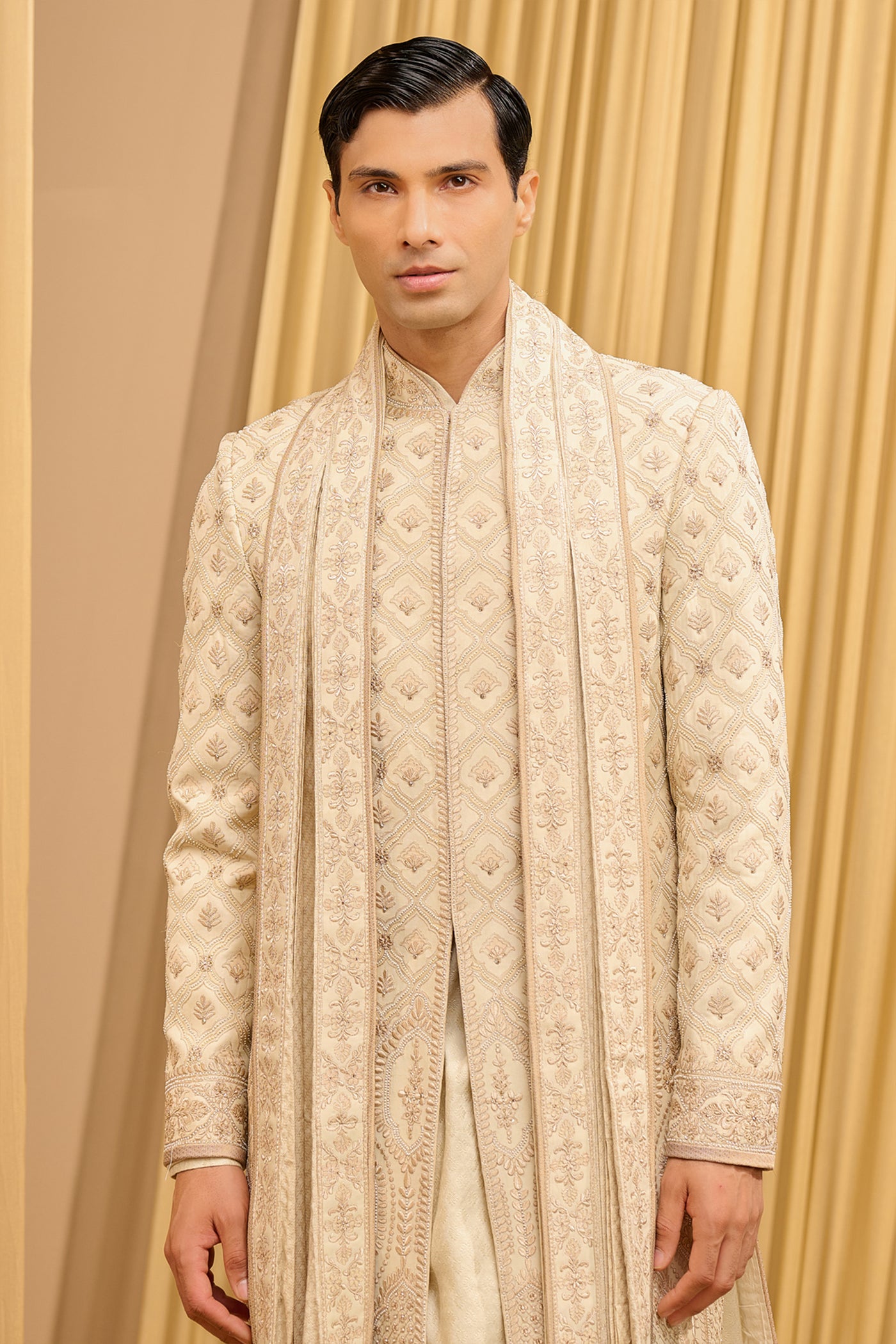 Tarun Tahiliani Menswear Chikankari Sherwani Set Ivory Multi indian designer wear online shopping melange singapore
