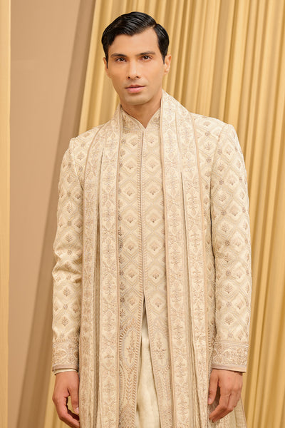 Tarun Tahiliani Menswear Chikankari Sherwani Set Ivory Multi indian designer wear online shopping melange singapore
