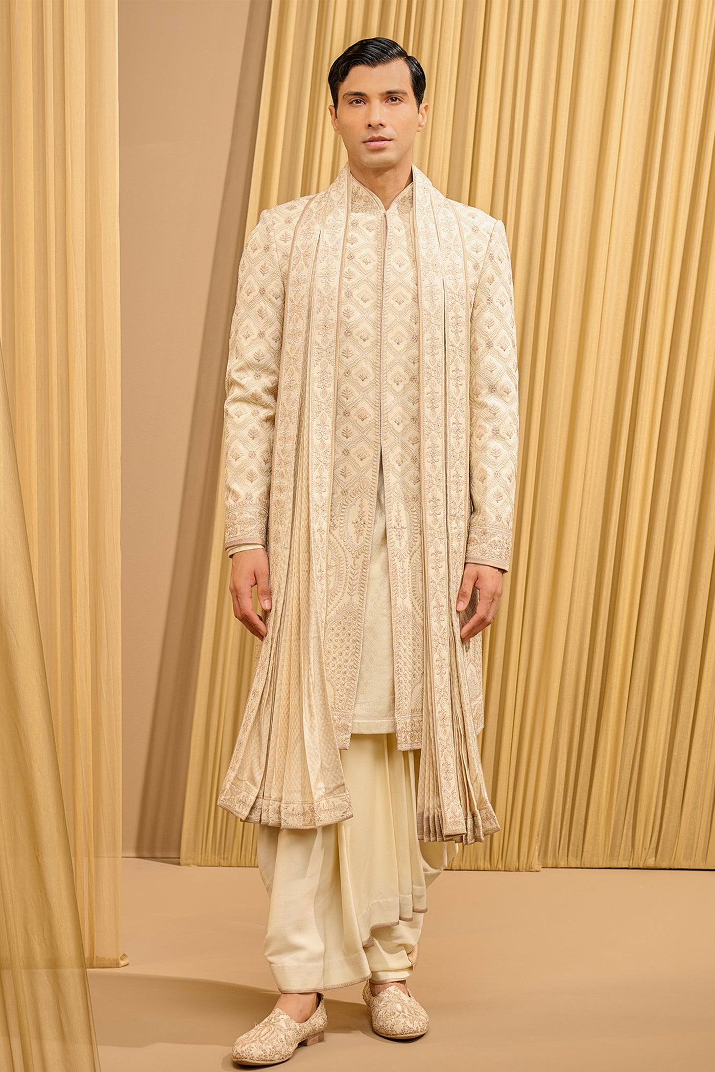 Tarun Tahiliani Menswear Chikankari Sherwani Set Ivory Multi indian designer wear online shopping melange singapore
