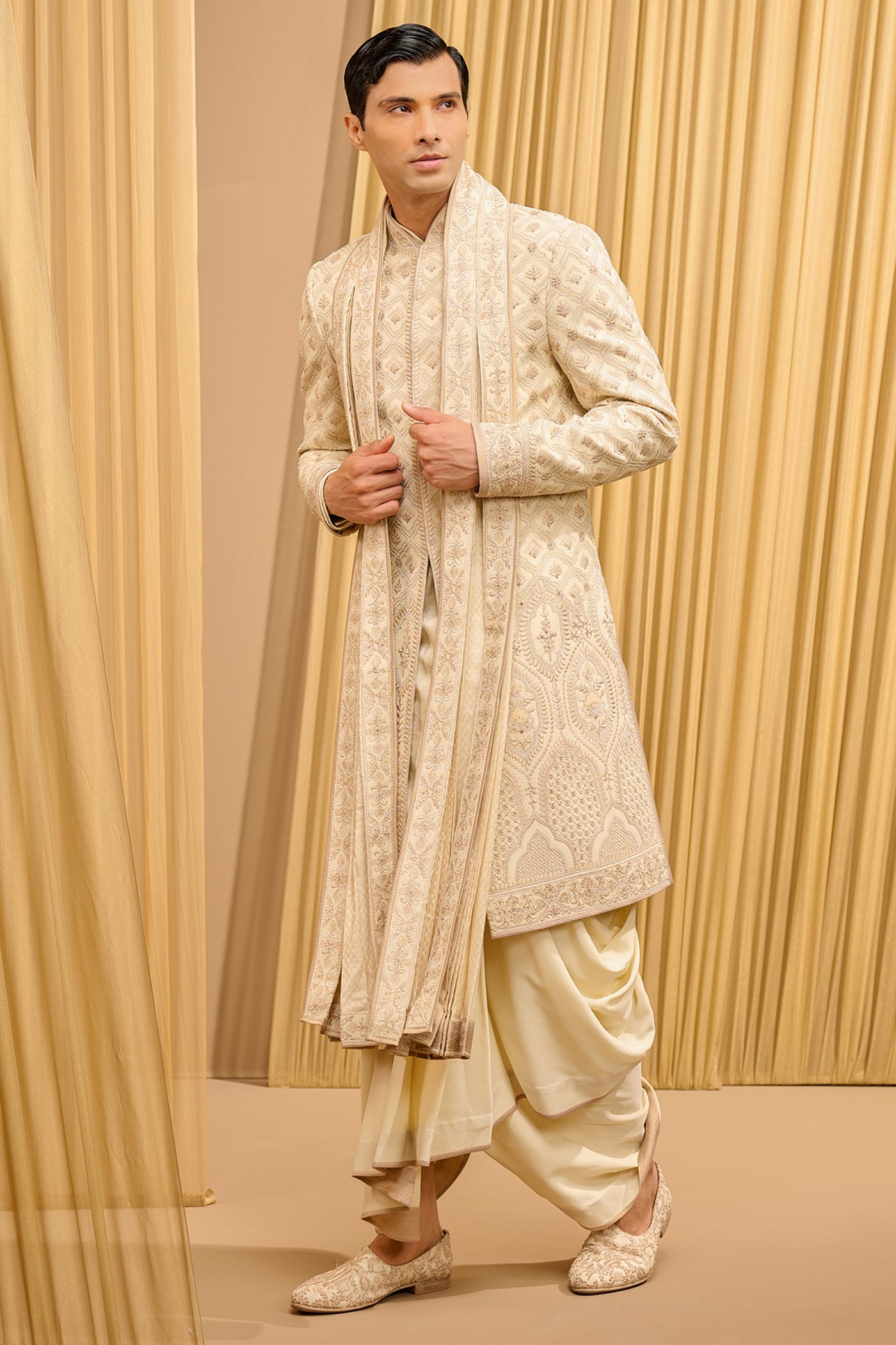 Tarun Tahiliani Menswear Chikankari Sherwani Set Ivory Multi indian designer wear online shopping melange singapore
