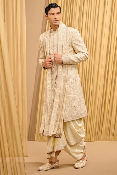 Tarun Tahiliani Menswear Chikankari Sherwani Set Ivory Multi indian designer wear online shopping melange singapore
