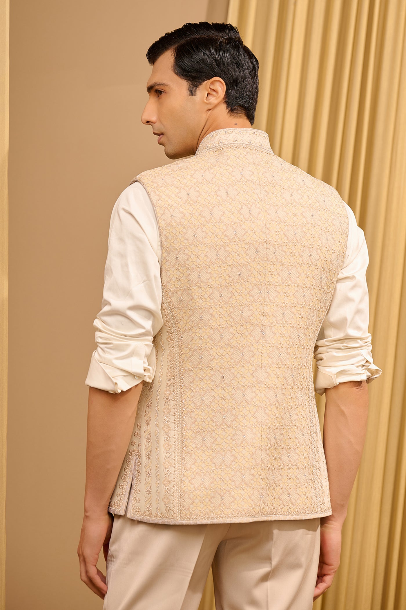 Tarun Tahiliani Menswear Chikankari Waistcoat Set Ivory indian designer wear online shopping melange singapore
