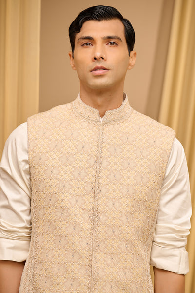 Tarun Tahiliani Menswear Chikankari Waistcoat Set Ivory indian designer wear online shopping melange singapore
