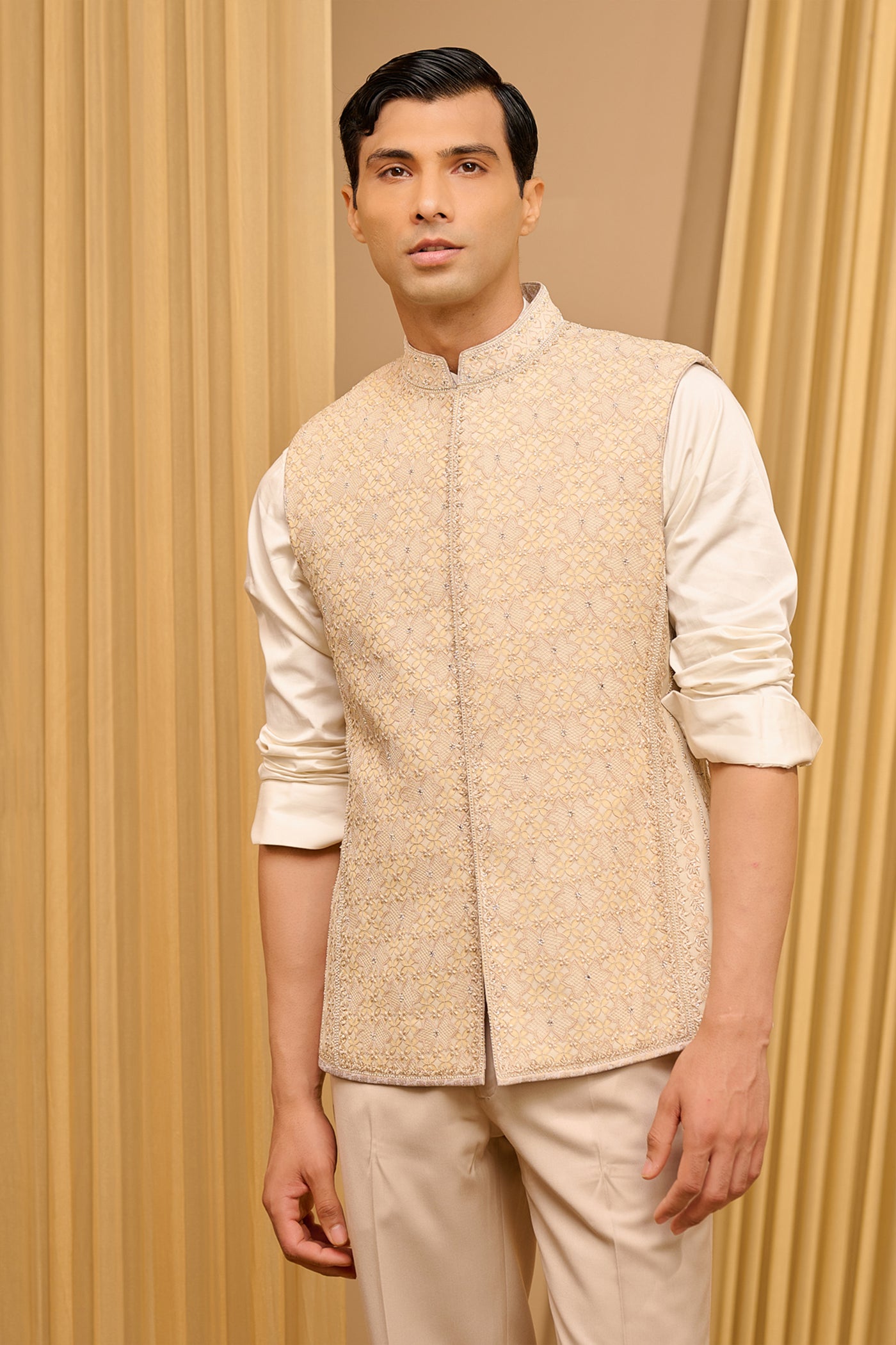 Tarun Tahiliani Menswear Chikankari Waistcoat Set Ivory indian designer wear online shopping melange singapore
