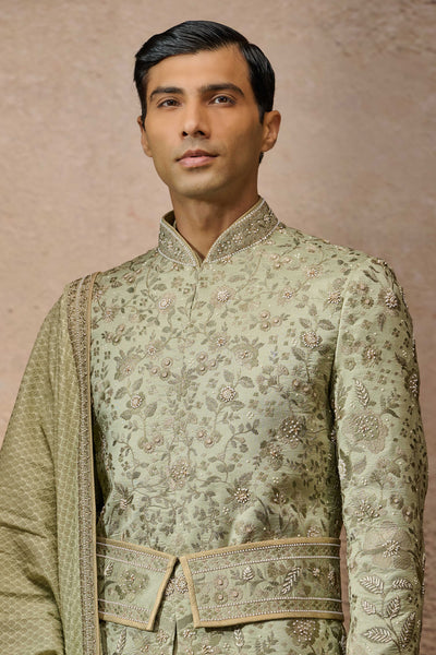 Tarun Tahiliani Menswear Classic Floral Sherwani Set Jade indian designer wear online shopping melange singapore
