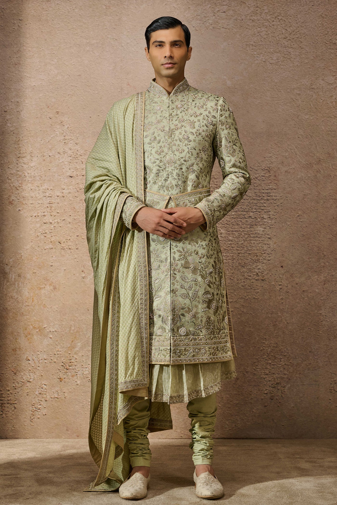 Tarun Tahiliani Menswear Classic Floral Sherwani Set Jade indian designer wear online shopping melange singapore
