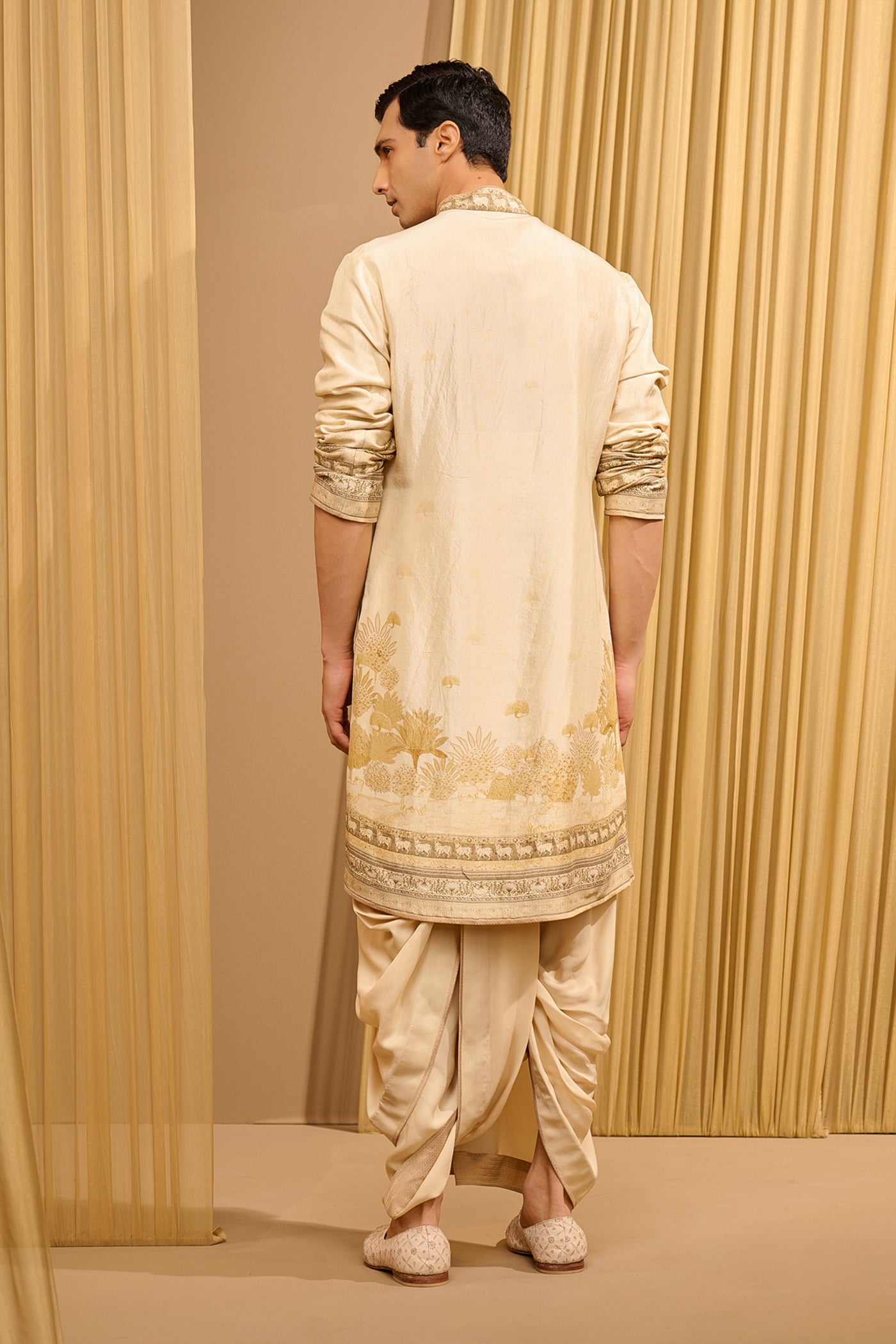 Tarun Tahiliani Menswear Classic Printed Kurta Beige indian designer wear online shopping melange singapore