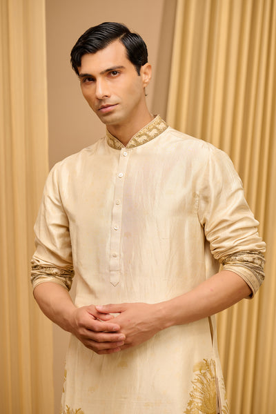 Tarun Tahiliani Menswear Classic Printed Kurta Beige indian designer wear online shopping melange singapore