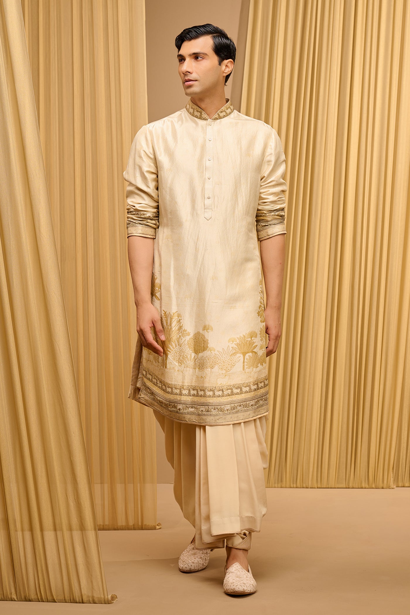 Tarun Tahiliani Menswear Classic Printed Kurta Beige indian designer wear online shopping melange singapore