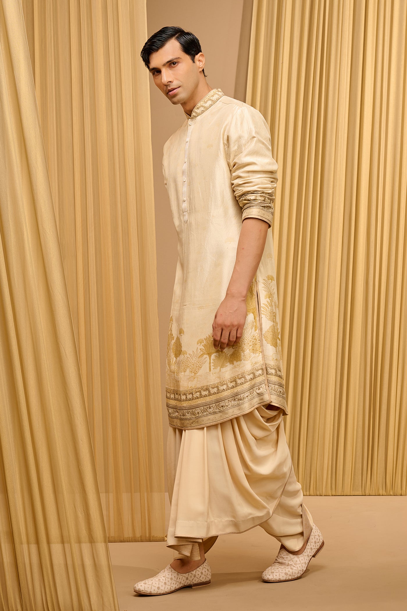 Tarun Tahiliani Menswear Classic Printed Kurta Beige indian designer wear online shopping melange singapore