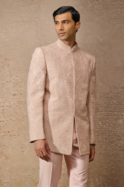 Tarun Tahiliani Menswear Embroidered Bandgala Set Salmon indian designer wear online shopping melange singapore
