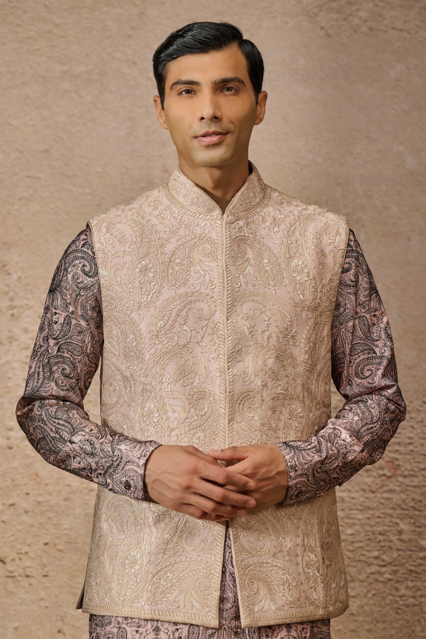 Tarun Tahiliani Menswear Embroidered Waistcoat Set Salmon indian designer wear online shopping melange singapore