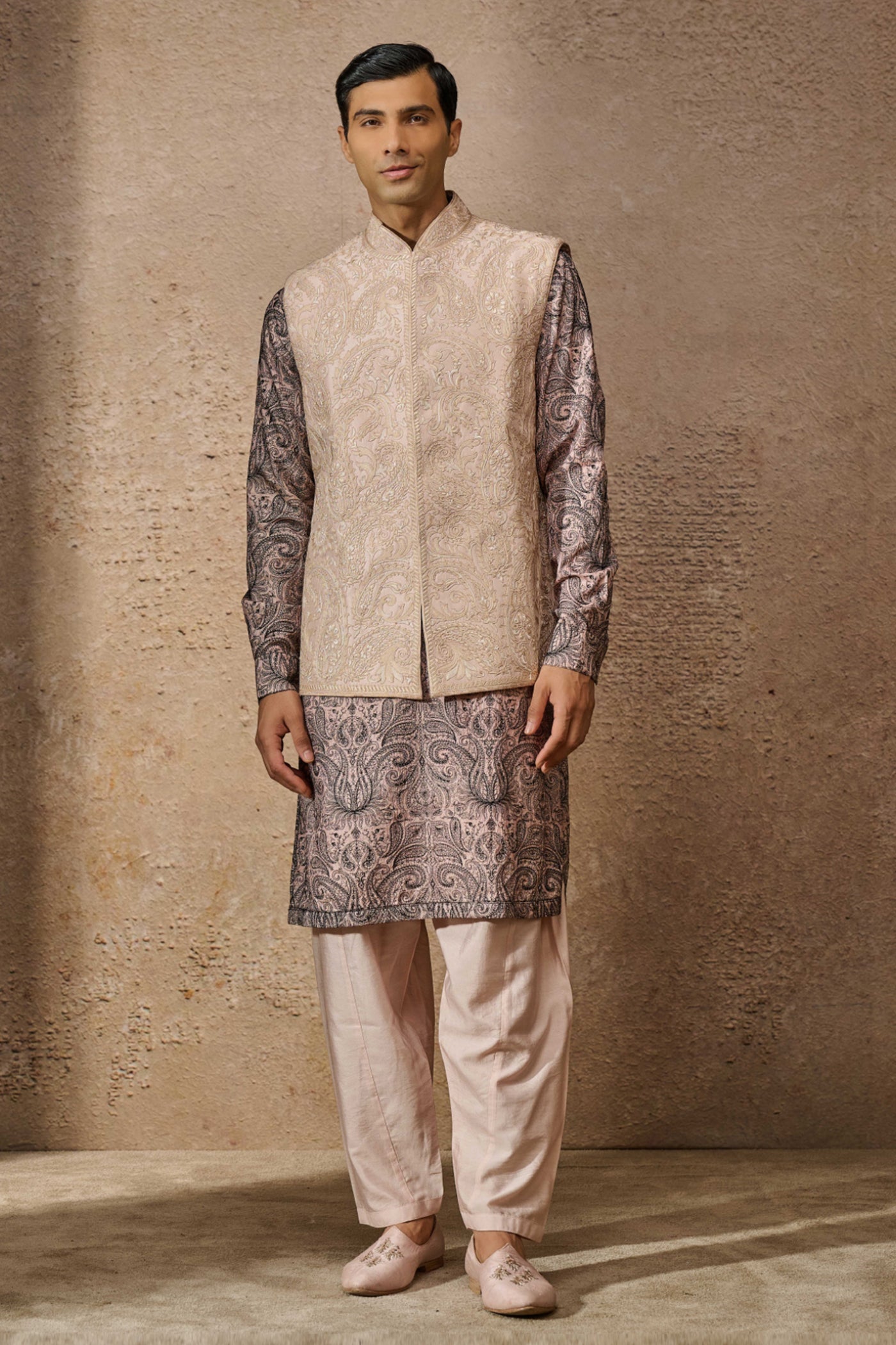 Tarun Tahiliani Menswear Embroidered Waistcoat Set Salmon indian designer wear online shopping melange singapore