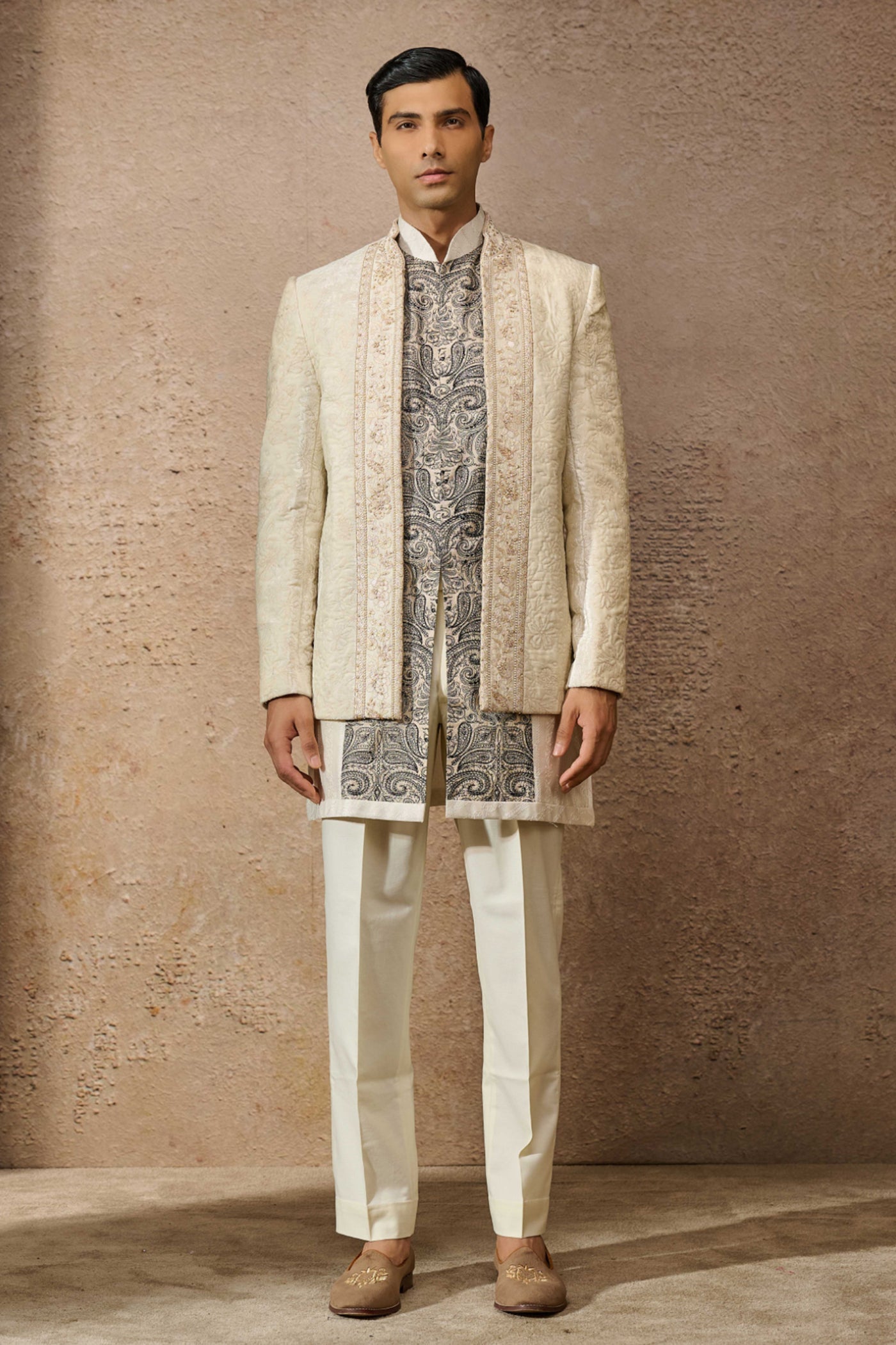 Tarun Tahiliani Menswear Front Open Floral Bandgala Set indian designer wear online shopping melange singapore