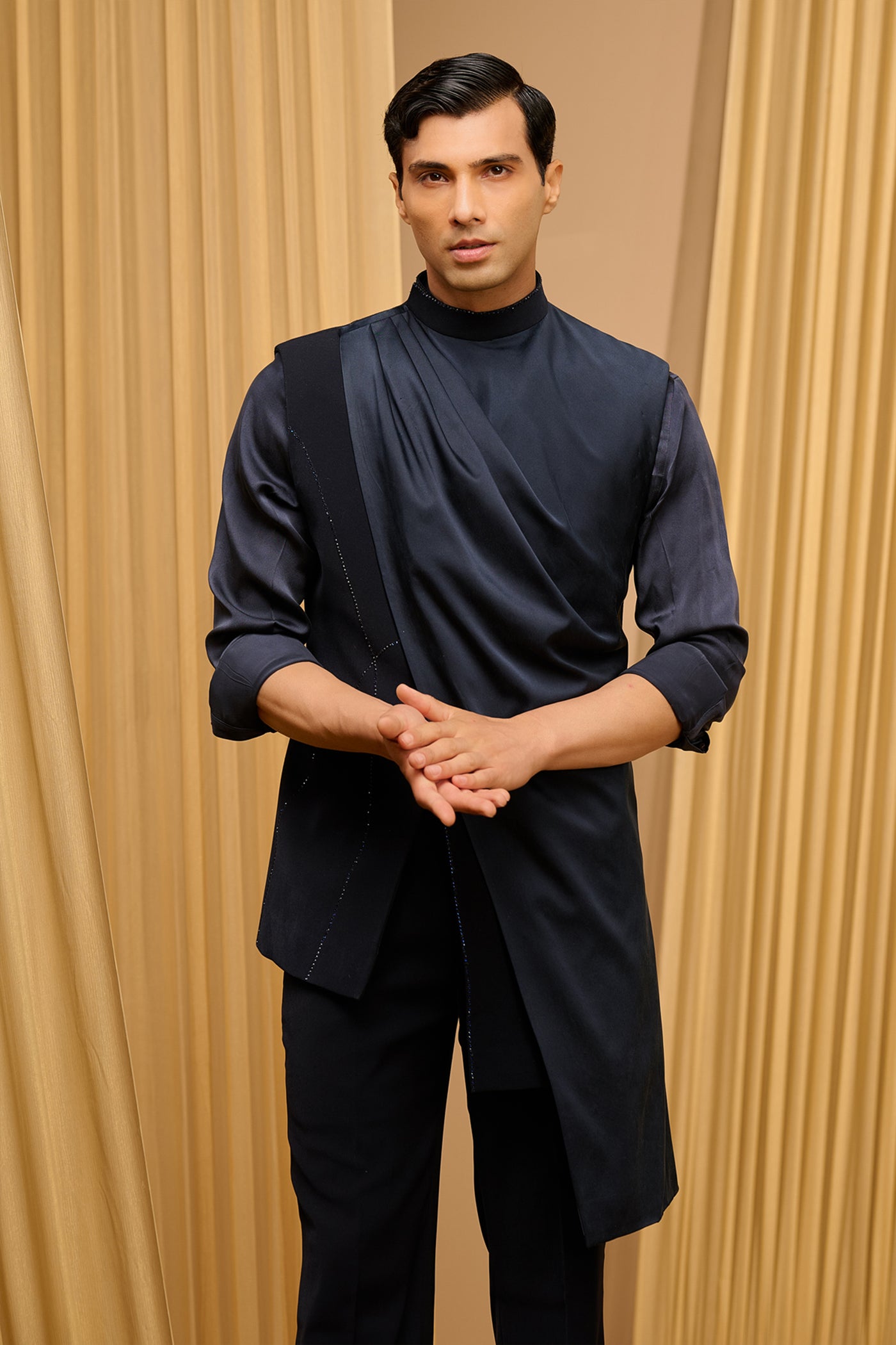 Tarun Tahiliani Menswear Indo Western Waistcoat Set Navy indian designer wear online shopping melange singapore
