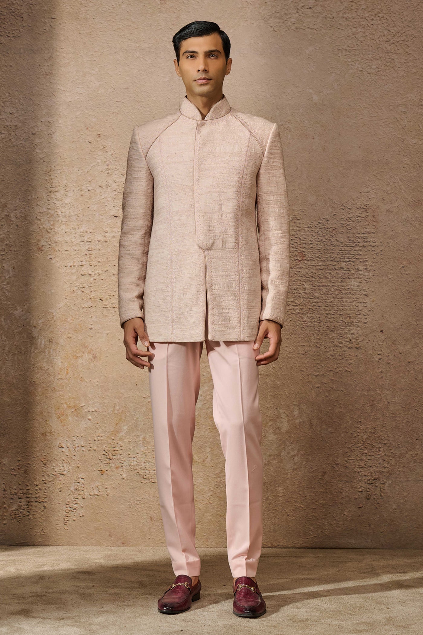 Tarun Tahiliani Menswear Indowestern Bandgala Set Salmon indian designer wear online shopping melange singapore