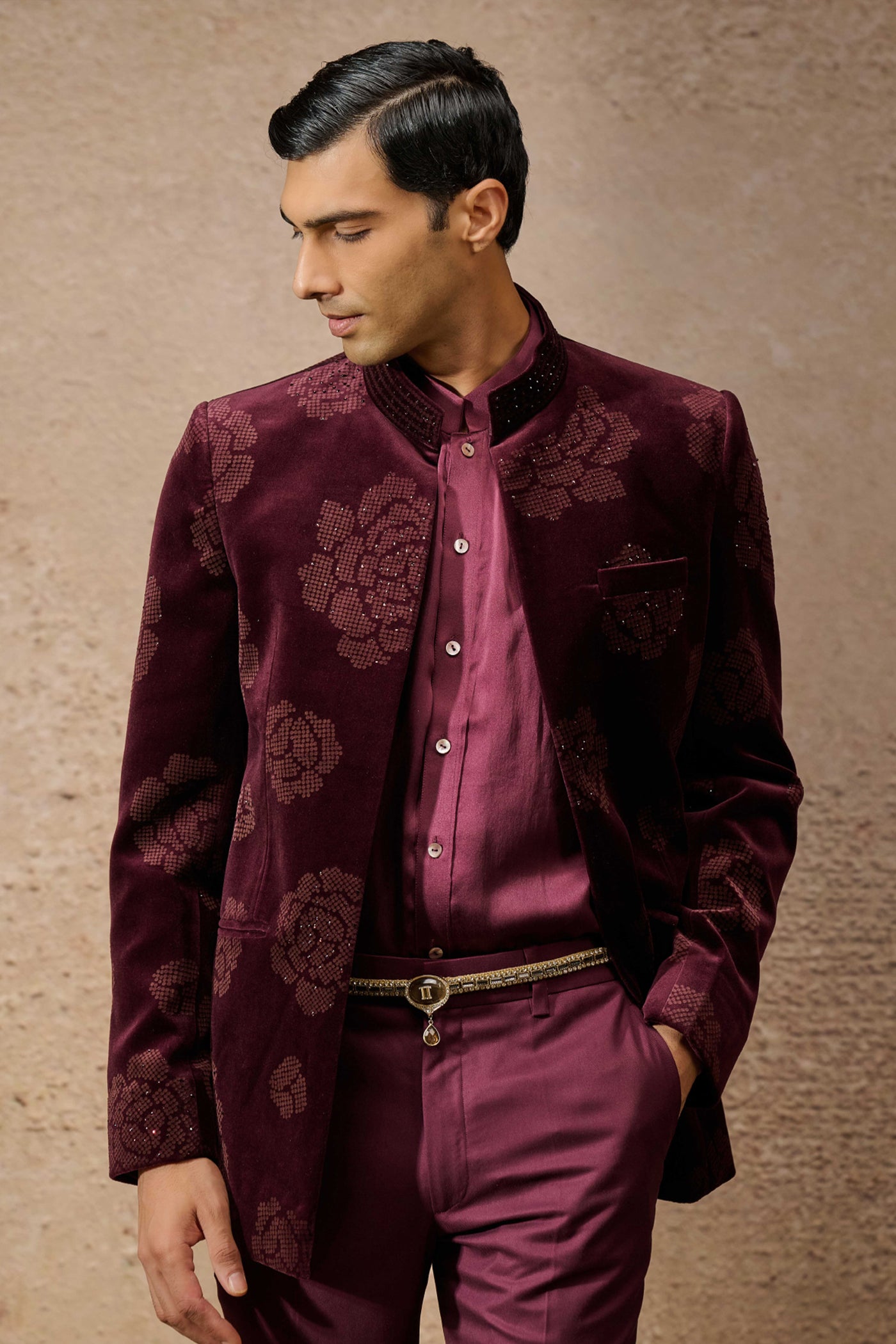 Tarun Tahiliani Menswear Indowestern Bandgala Set Wine indian designer wear online shopping melange singapore