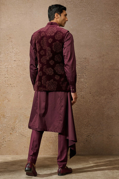 Tarun Tahiliani Menswear Indowestern Waistcoat Set Wine indian designer wear online shopping melange singapore