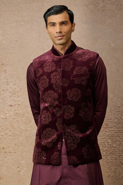 Tarun Tahiliani Menswear Indowestern Waistcoat Set Wine indian designer wear online shopping melange singapore