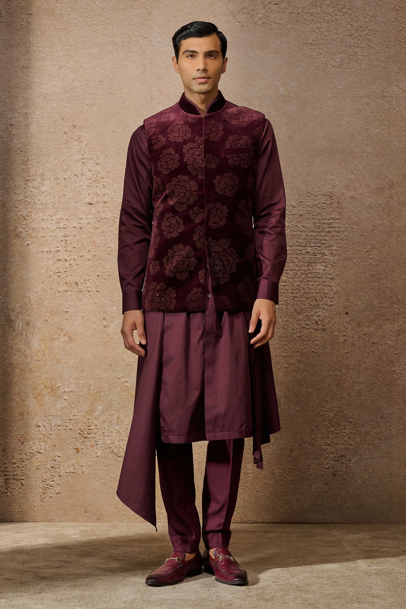 Tarun Tahiliani Menswear Indowestern Waistcoat Set Wine indian designer wear online shopping melange singapore