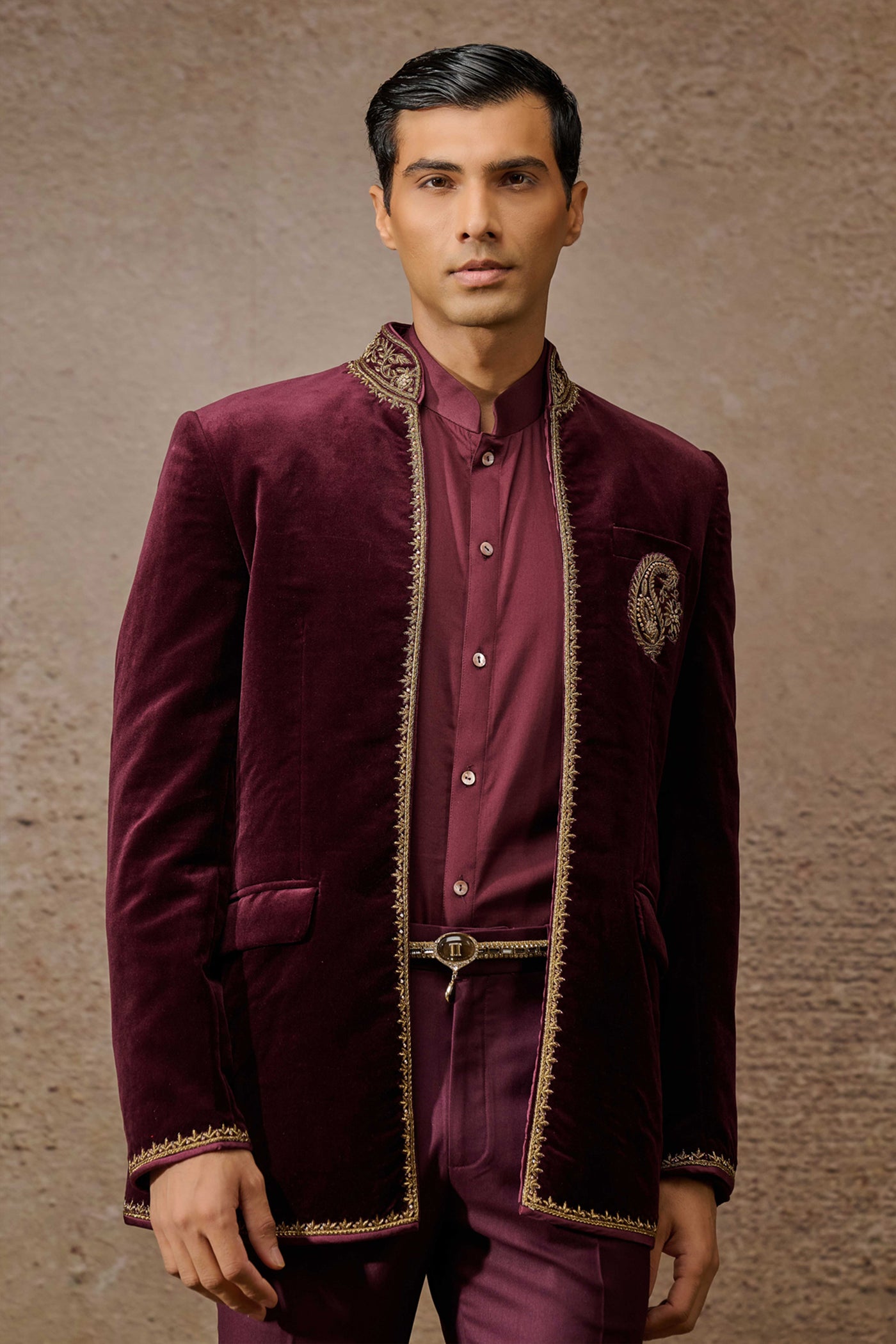 Tarun Tahiliani Menswear Wine Indowestern Bandgala Set indian designer wear online shopping melange singapore
