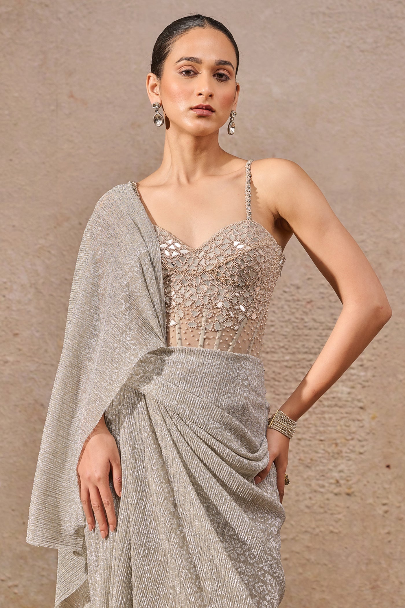 Tarun Tahiliani Metallic Crinkle Concept Saree indian designer wear online shopping melange singapore