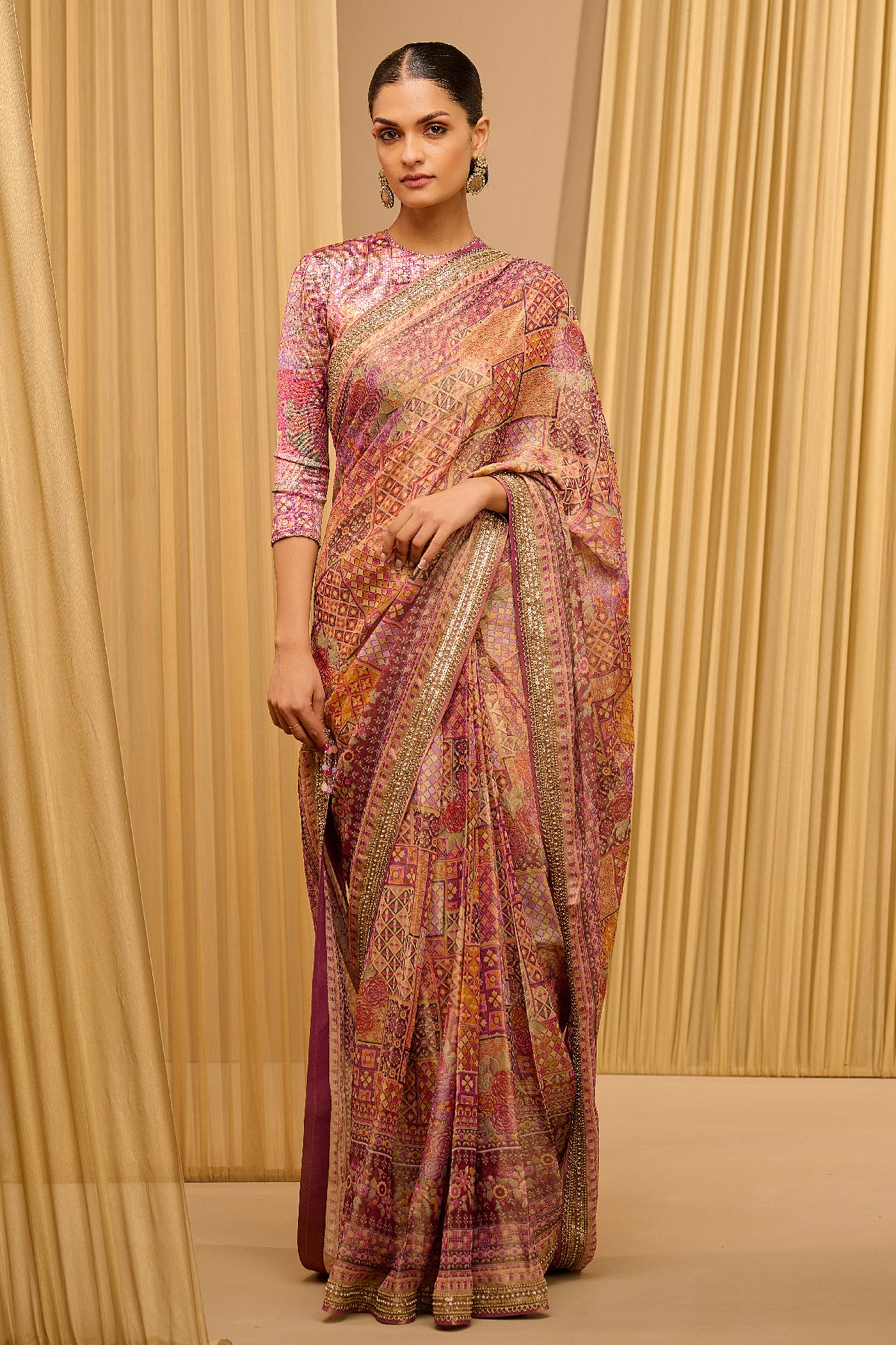 Tarun Tahiliani Printed Foil Jersey Saree indian designer wear online shopping melange singapore
