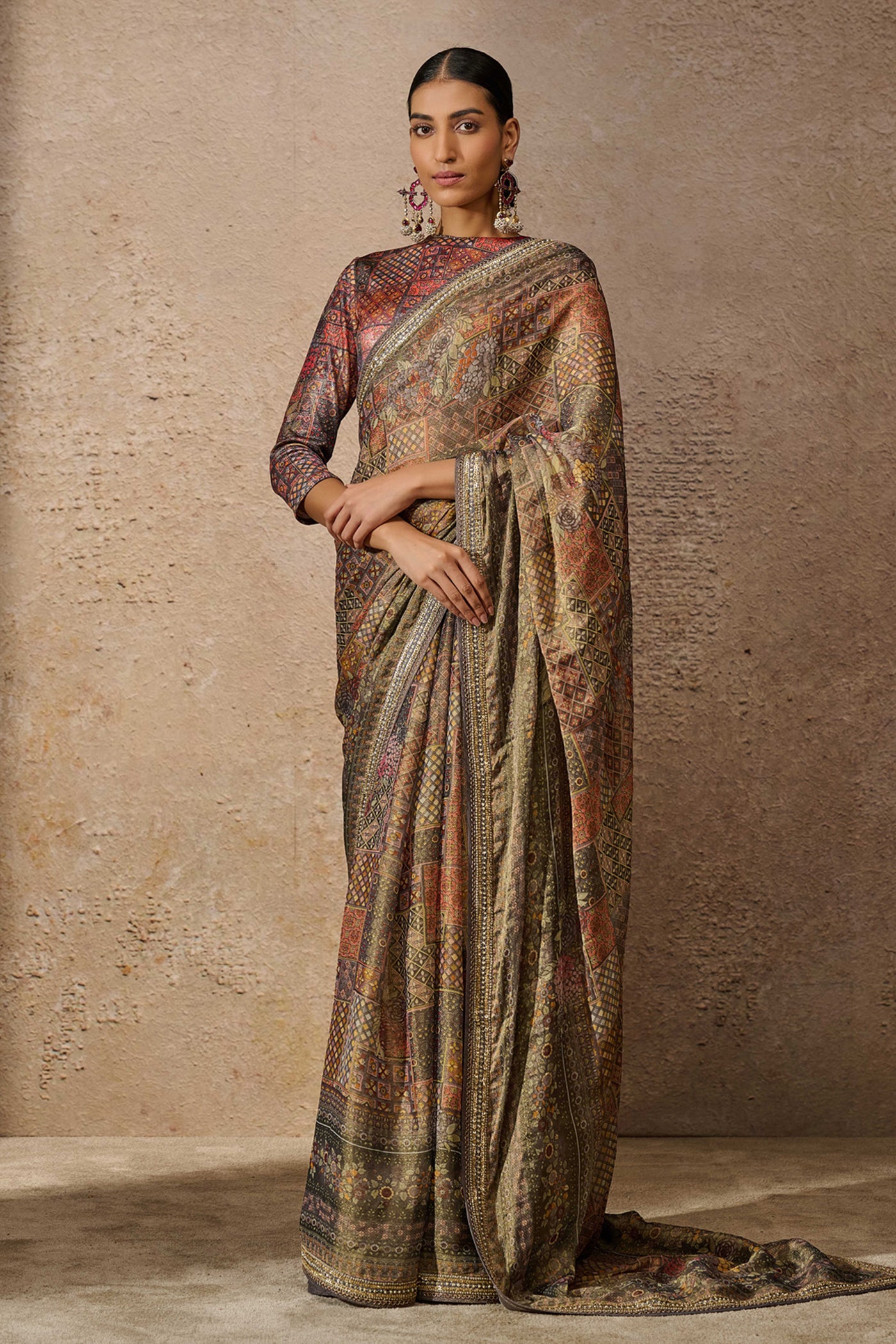 Tarun Tahiliani Printed Foil Jersey Saree indian designer wear online shopping melange singapore